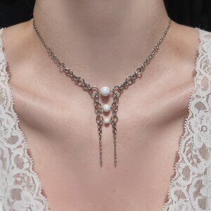 Fairy whimsical gothic victorian white pearls and silver double rosary necklace